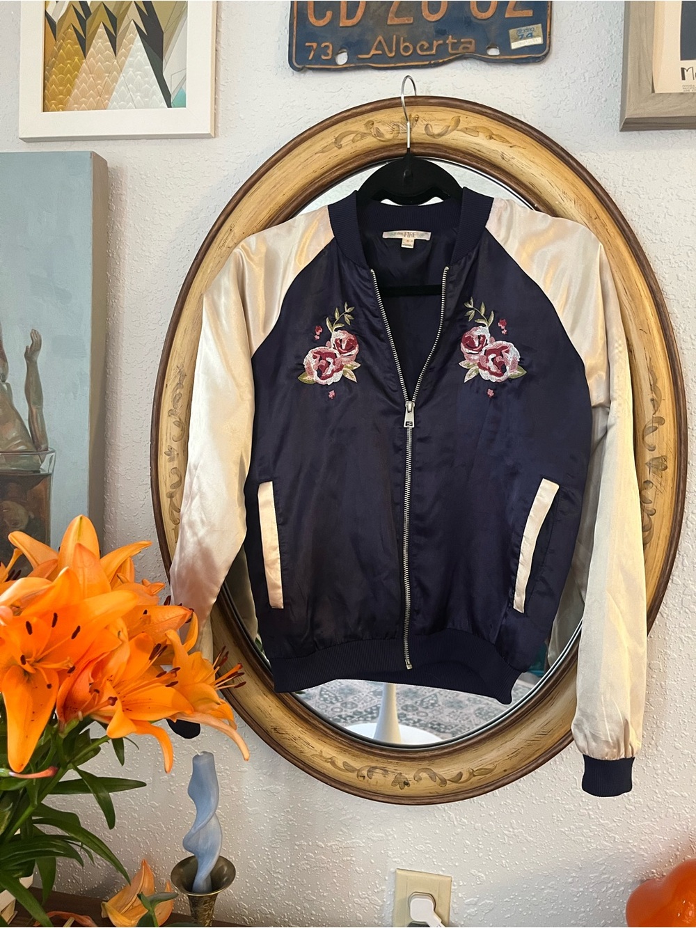 Womens Navy Satin Bomber Jacket with Rose Embroidery